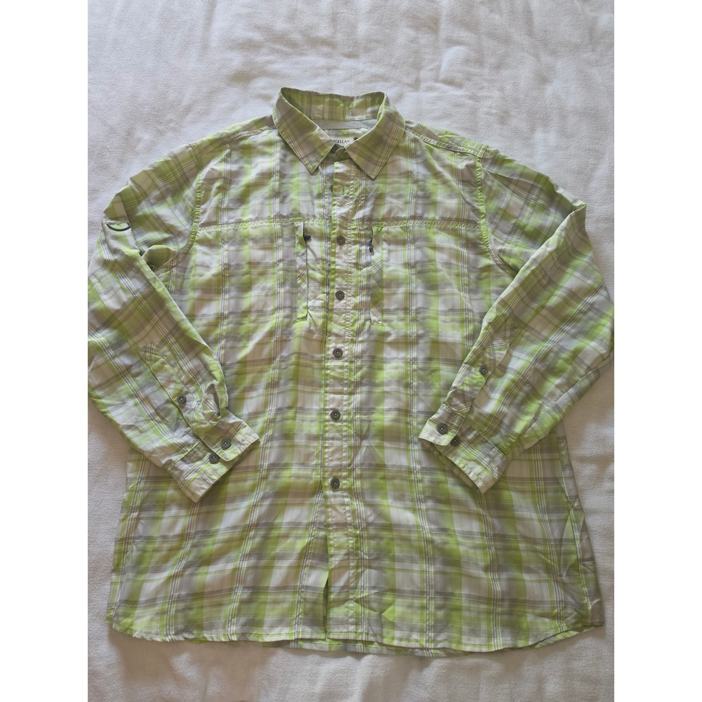 Magellan Outdoors Fish Gear MagWick Plaid Fishing Shirt Green Grey Mens Large